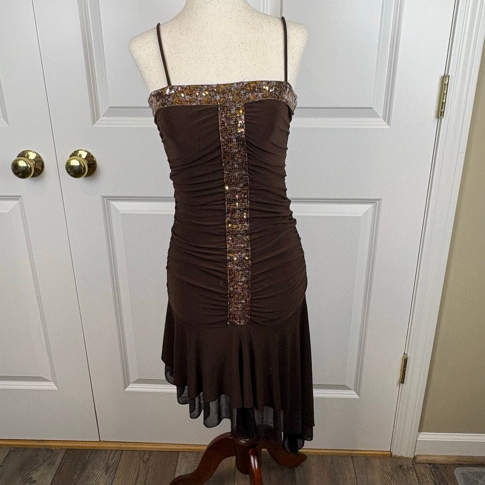 Vintage Y2K Wink Brown Sequin Dress Asymmetrical Spaghetti Strap Whimsigoth M - Picture 5 of 8